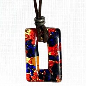 Venetian Style Art Glass Pendant Necklace Open Rectangle Fused Handmade Colorful